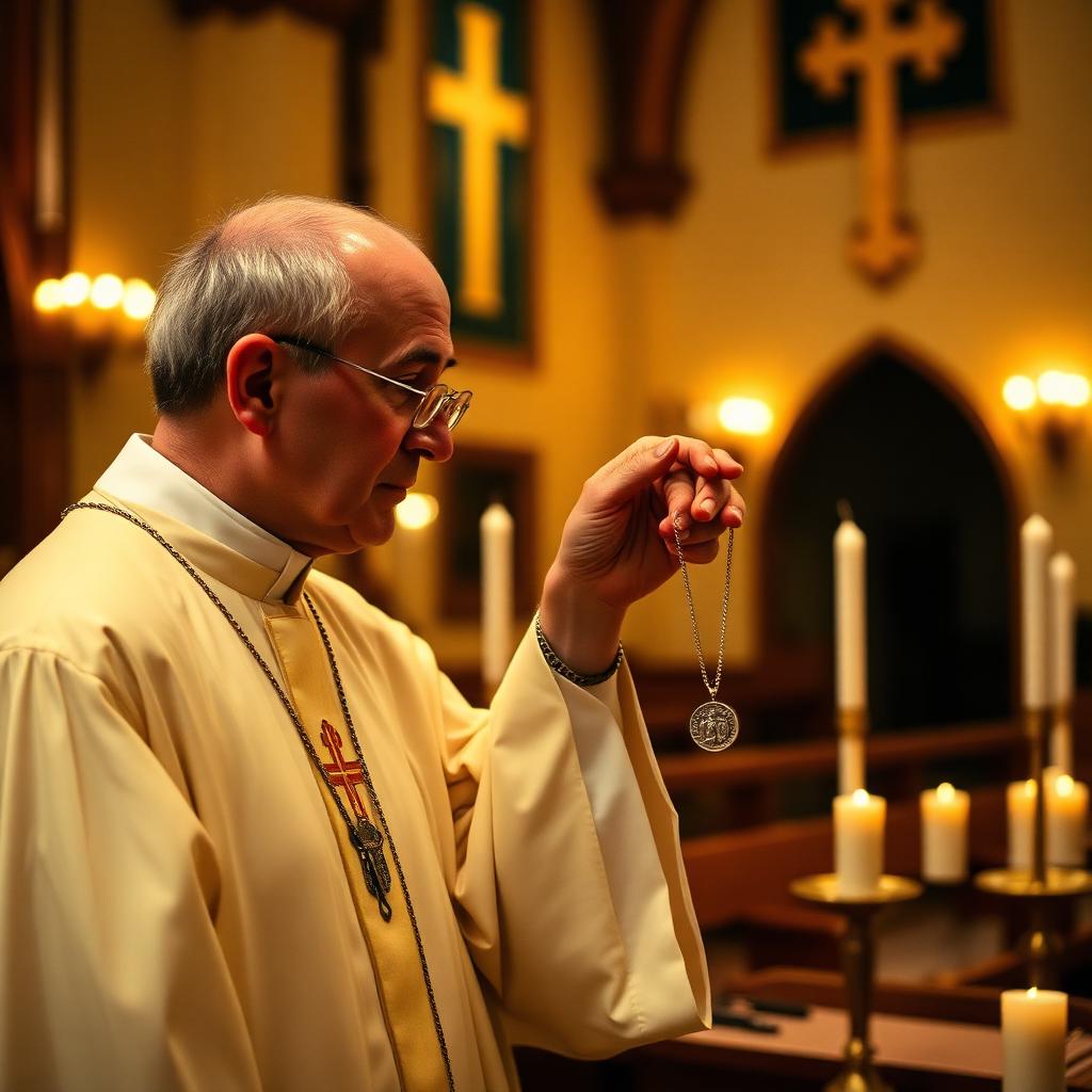 Padre abençoando medalha
